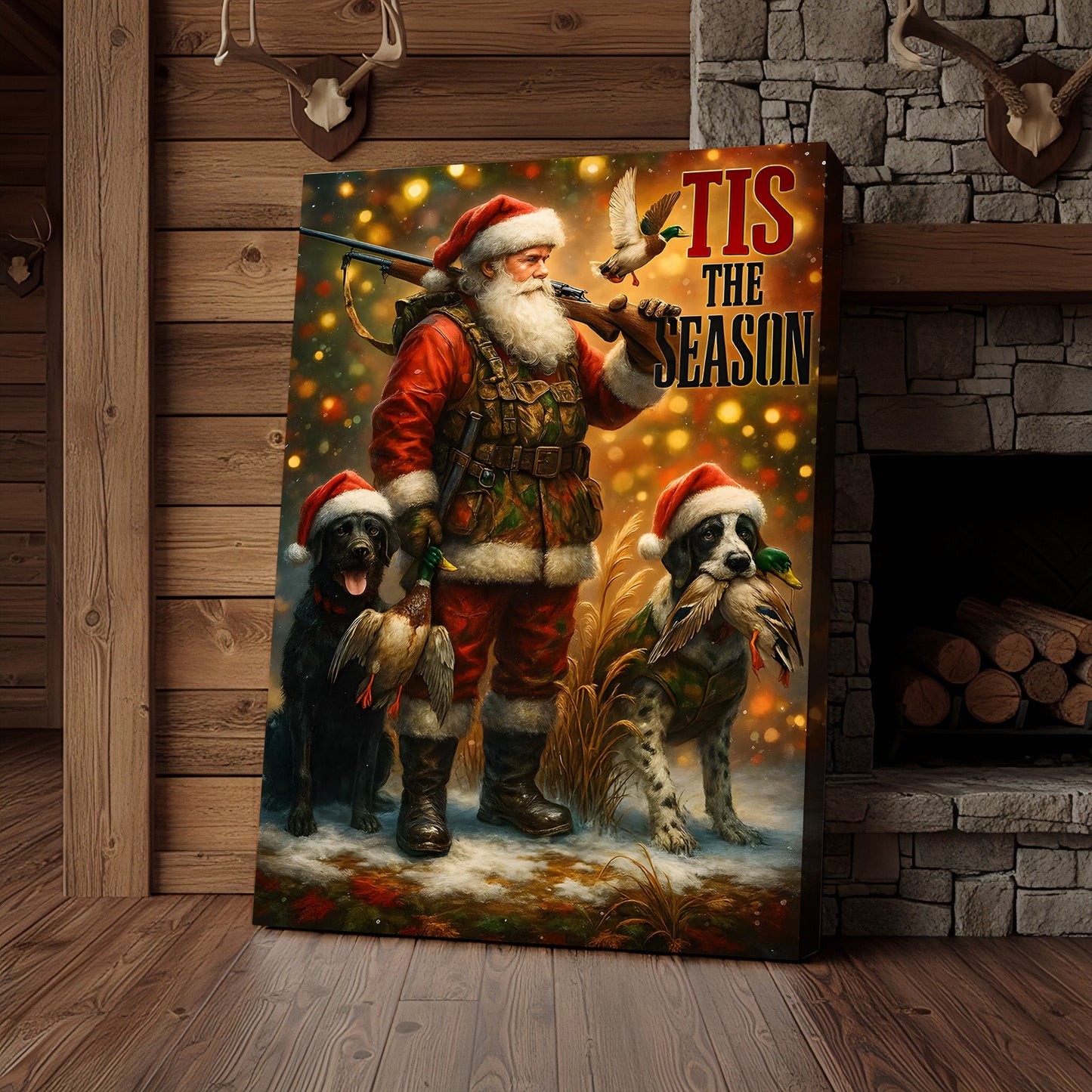 Rustic Christmas Hunting Canvas Art - Santa with Hunting Dogs and Ducks Holiday Wall Decor - Festive Country Cabin Artwo