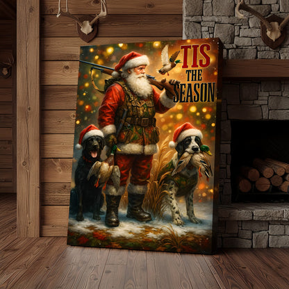 Rustic Christmas Hunting Canvas Art - Santa with Hunting Dogs and Ducks Holiday Wall Decor - Festive Country Cabin Artwo