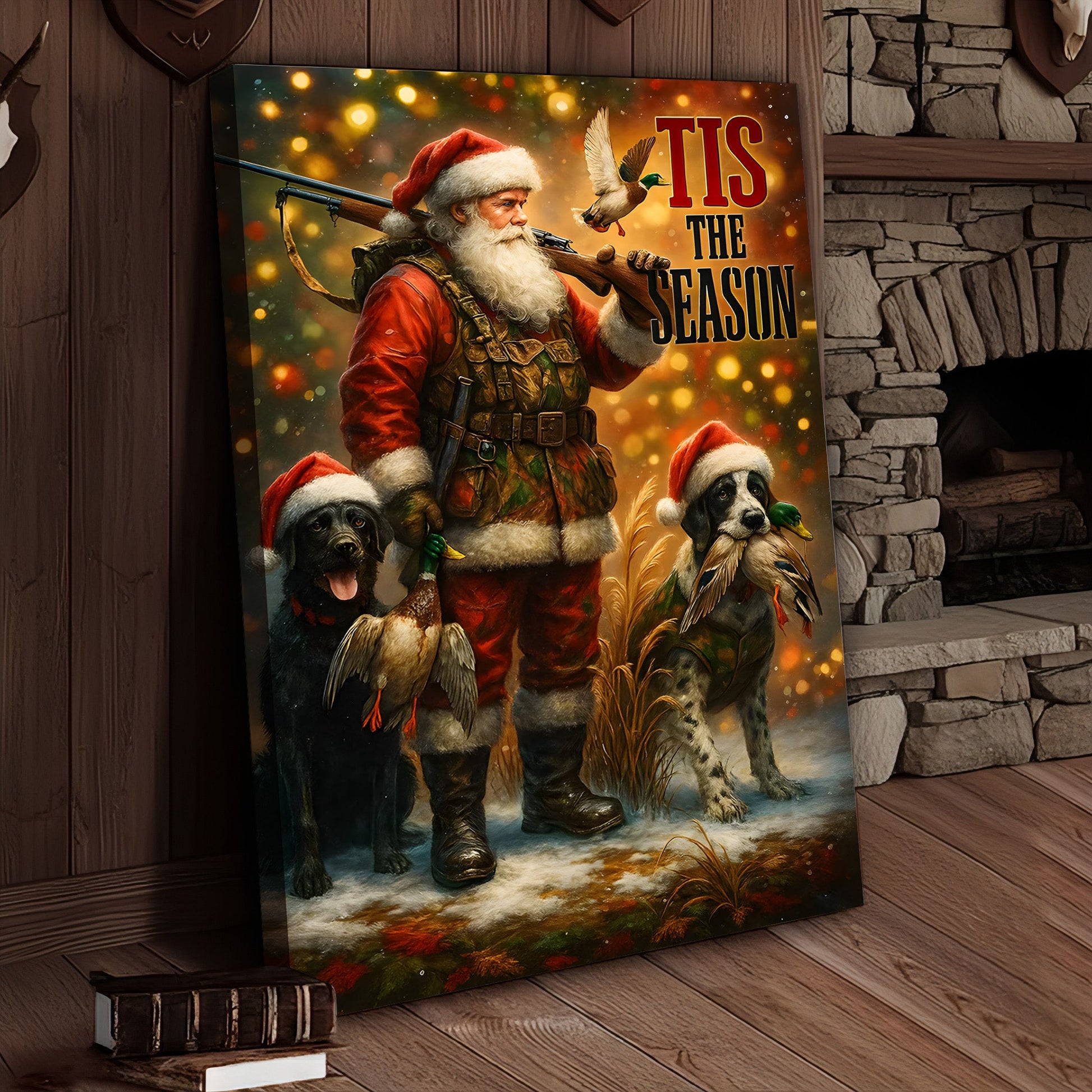 Rustic Christmas Hunting Canvas Art - Santa with Hunting Dogs and Ducks Holiday Wall Decor - Festive Country Cabin Artwo