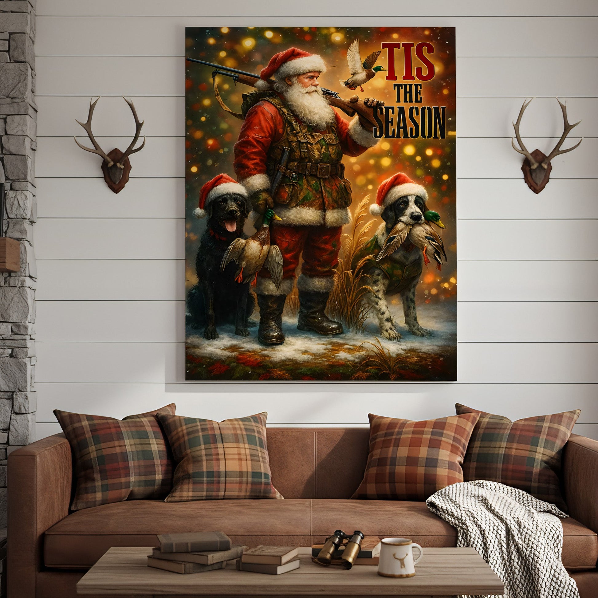 Rustic Christmas Hunting Canvas Art - Santa with Hunting Dogs and Ducks Holiday Wall Decor - Festive Country Cabin Artwo