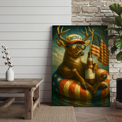 Patriotic Deer Wall Art Canvas – Funny American Flag Wall Art, Man Cave & Rustic Cabin Decor