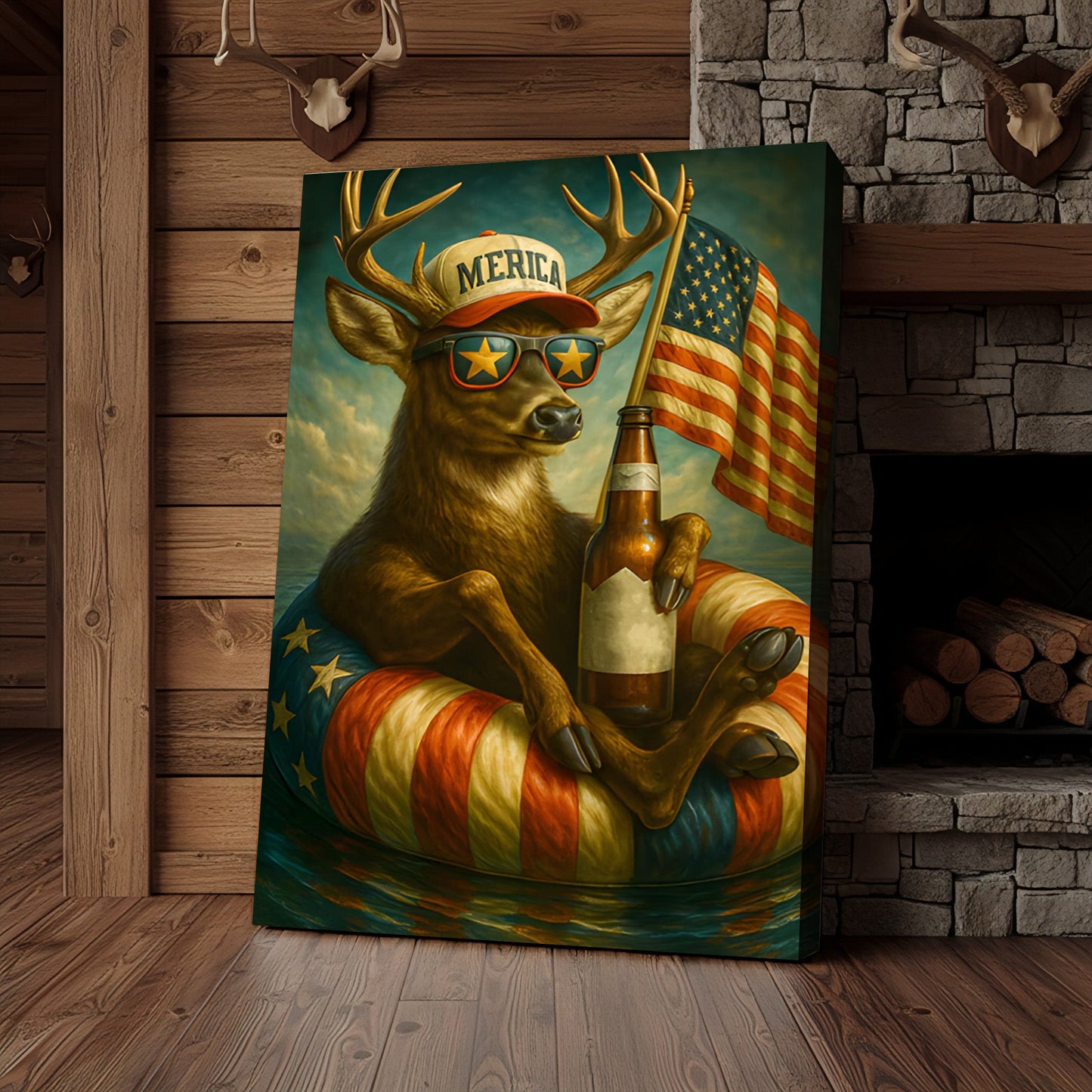 Patriotic Deer Wall Art Canvas – Funny American Flag Wall Art, Man Cave & Rustic Cabin Decor