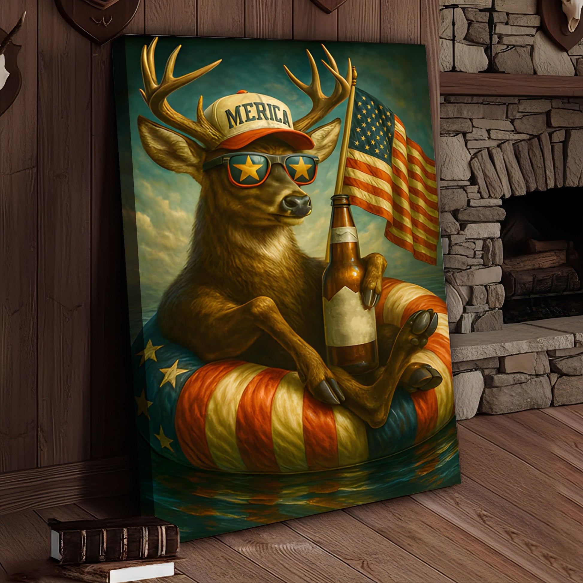 Patriotic Deer Wall Art Canvas – Funny American Flag Wall Art, Man Cave & Rustic Cabin Decor
