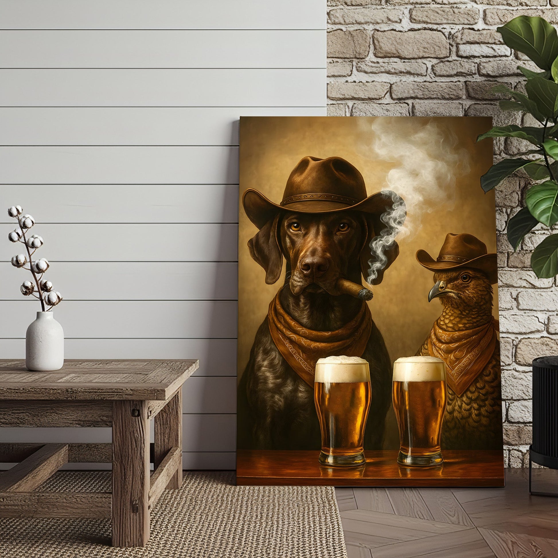 Funny Dog & Grouse Beer Canvas Wall Art – Rustic Cowboy Bar Decor Gift for Hunters & Outdoorsmen