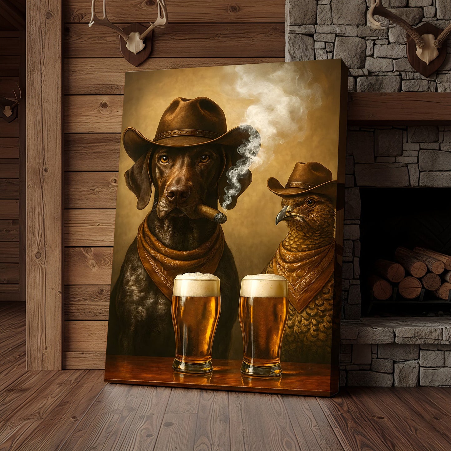 Funny Dog & Grouse Beer Canvas Wall Art – Rustic Cowboy Bar Decor Gift for Hunters & Outdoorsmen