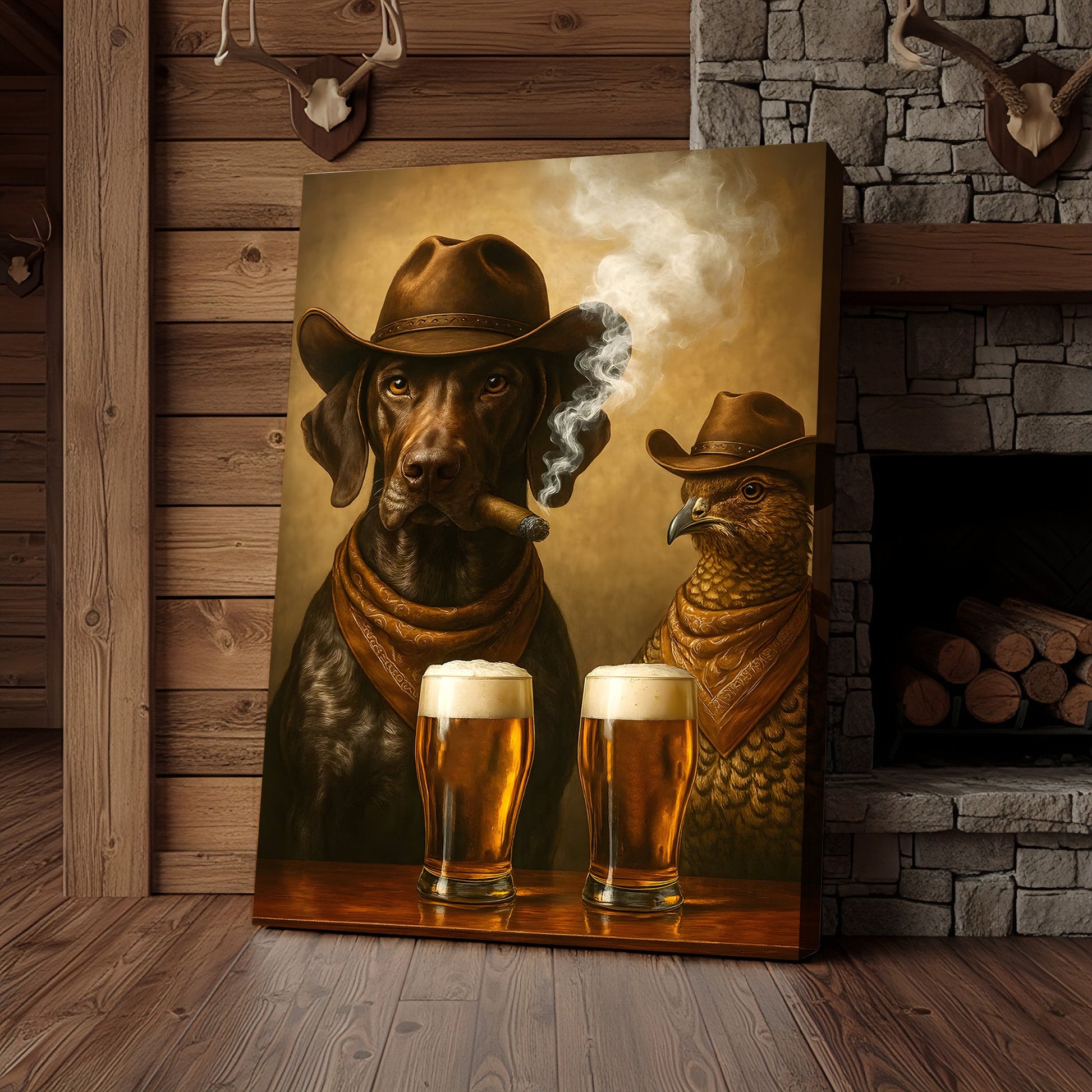 Funny Dog & Grouse Beer Canvas Wall Art – Rustic Cowboy Bar Decor Gift for Hunters & Outdoorsmen