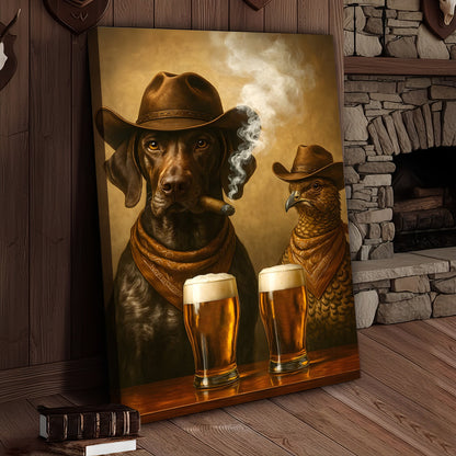 Funny Dog & Grouse Beer Canvas Wall Art – Rustic Cowboy Bar Decor Gift for Hunters & Outdoorsmen