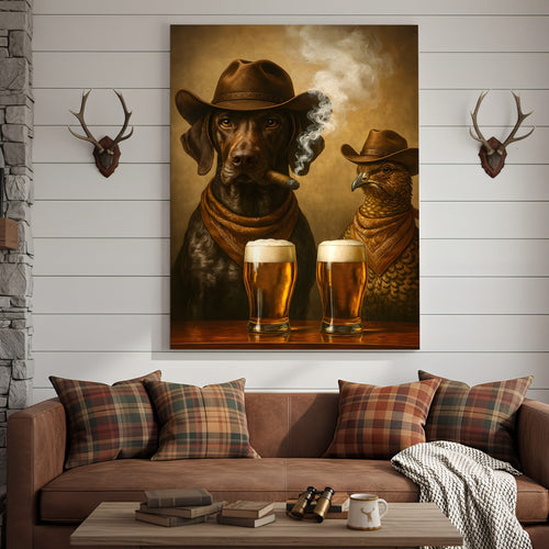 Funny Dog & Grouse Beer Canvas Wall Art – Rustic Cowboy Bar Decor Gift for Hunters & Outdoorsmen