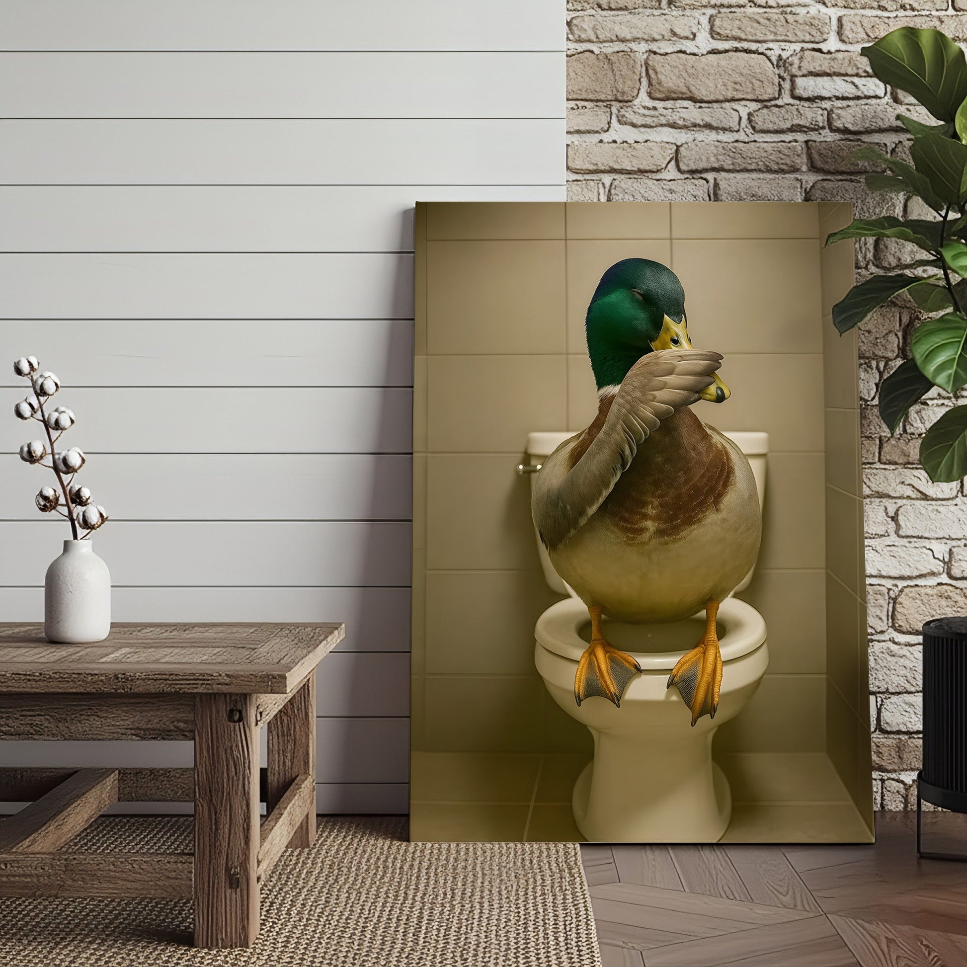 Funny Duck Bathroom Wall Art – Hilarious Rustic Toilet Canvas for Cabin, Lodge & Man Cave Decor