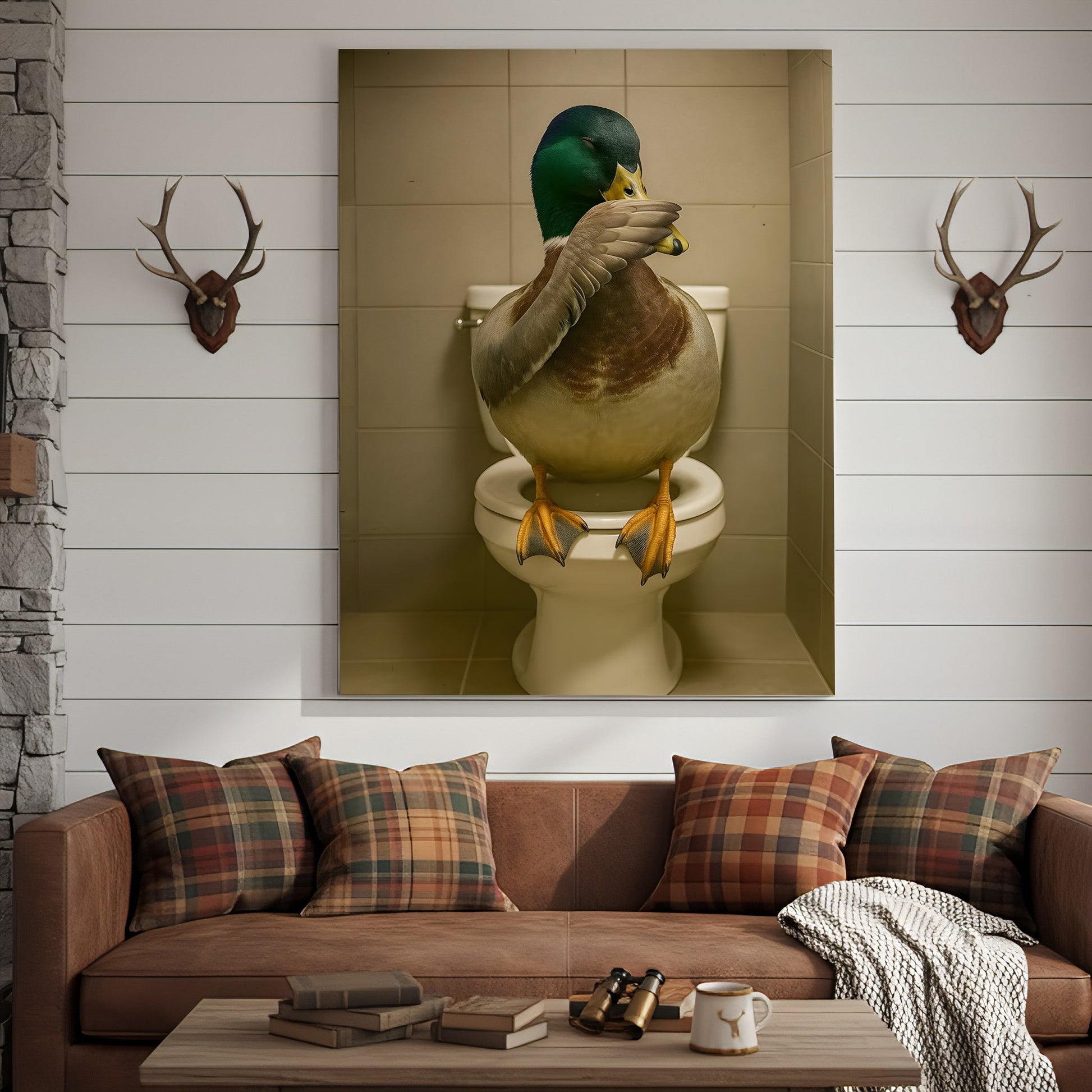 Funny Duck Bathroom Wall Art – Hilarious Rustic Toilet Canvas for Cabin, Lodge & Man Cave Decor