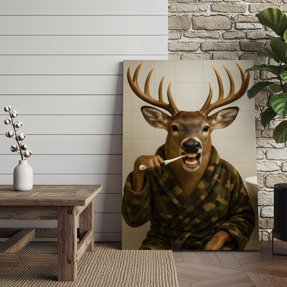 Funny Deer Brushing Teeth Wall Art – Rustic Bathroom Canvas for Cabin, Lodge & Man Cave Decor