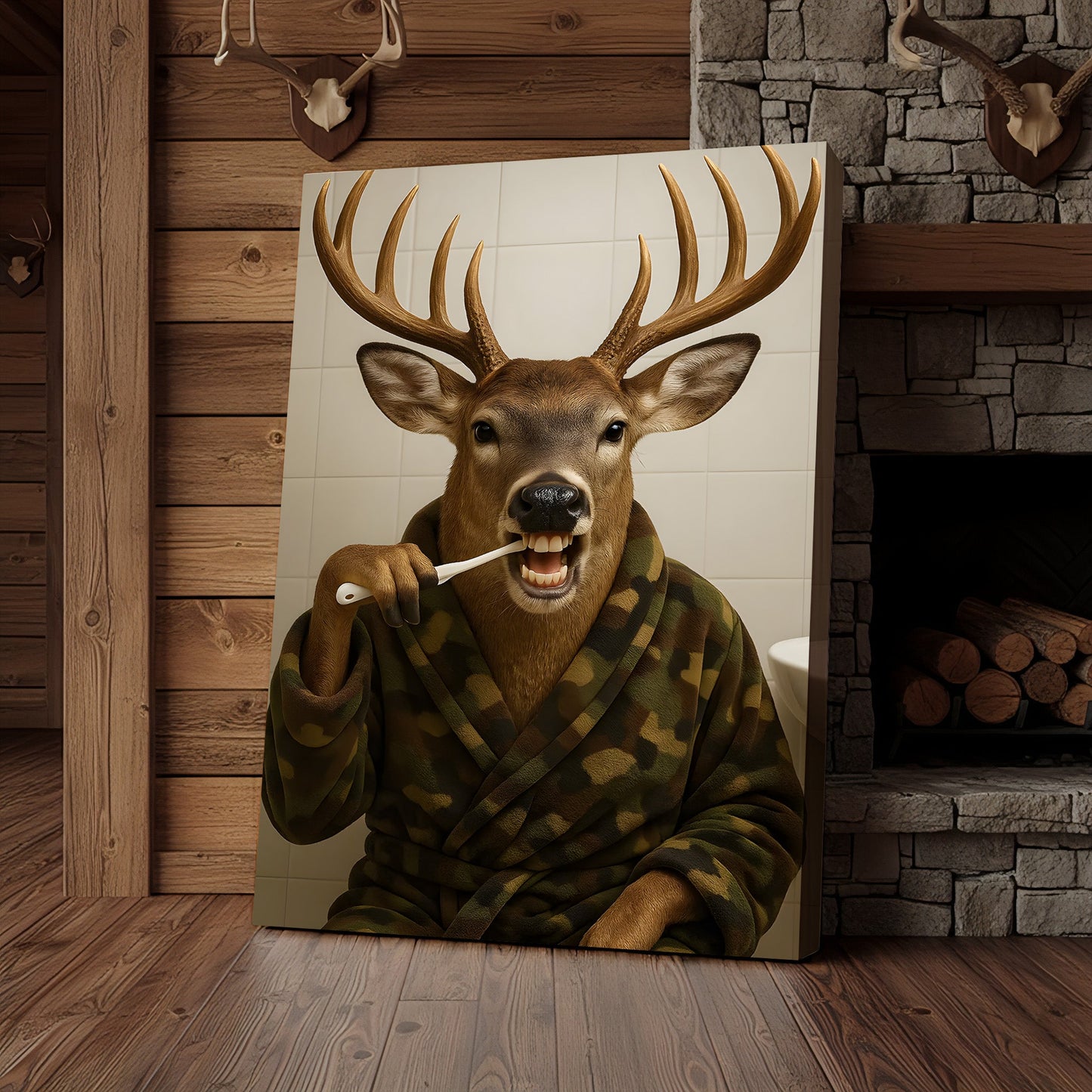 Funny Deer Brushing Teeth Wall Art – Rustic Bathroom Canvas for Cabin, Lodge & Man Cave Decor