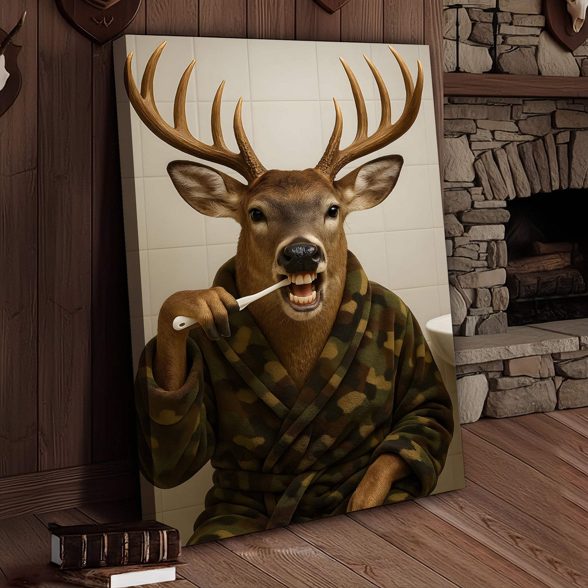 Funny Deer Brushing Teeth Wall Art – Rustic Bathroom Canvas for Cabin, Lodge & Man Cave Decor