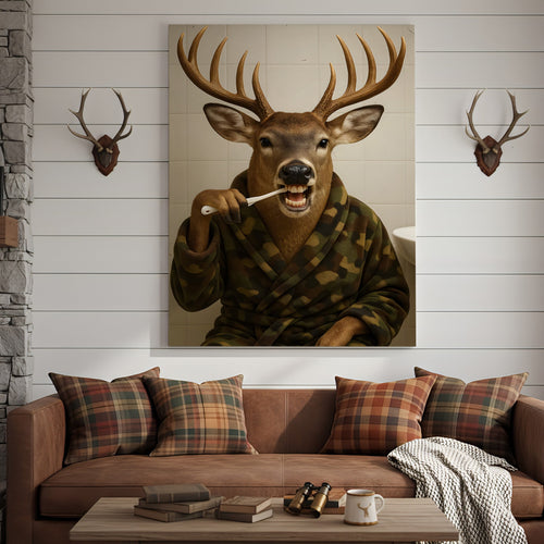 Funny Deer Brushing Teeth Wall Art – Rustic Bathroom Canvas for Cabin, Lodge & Man Cave Decor
