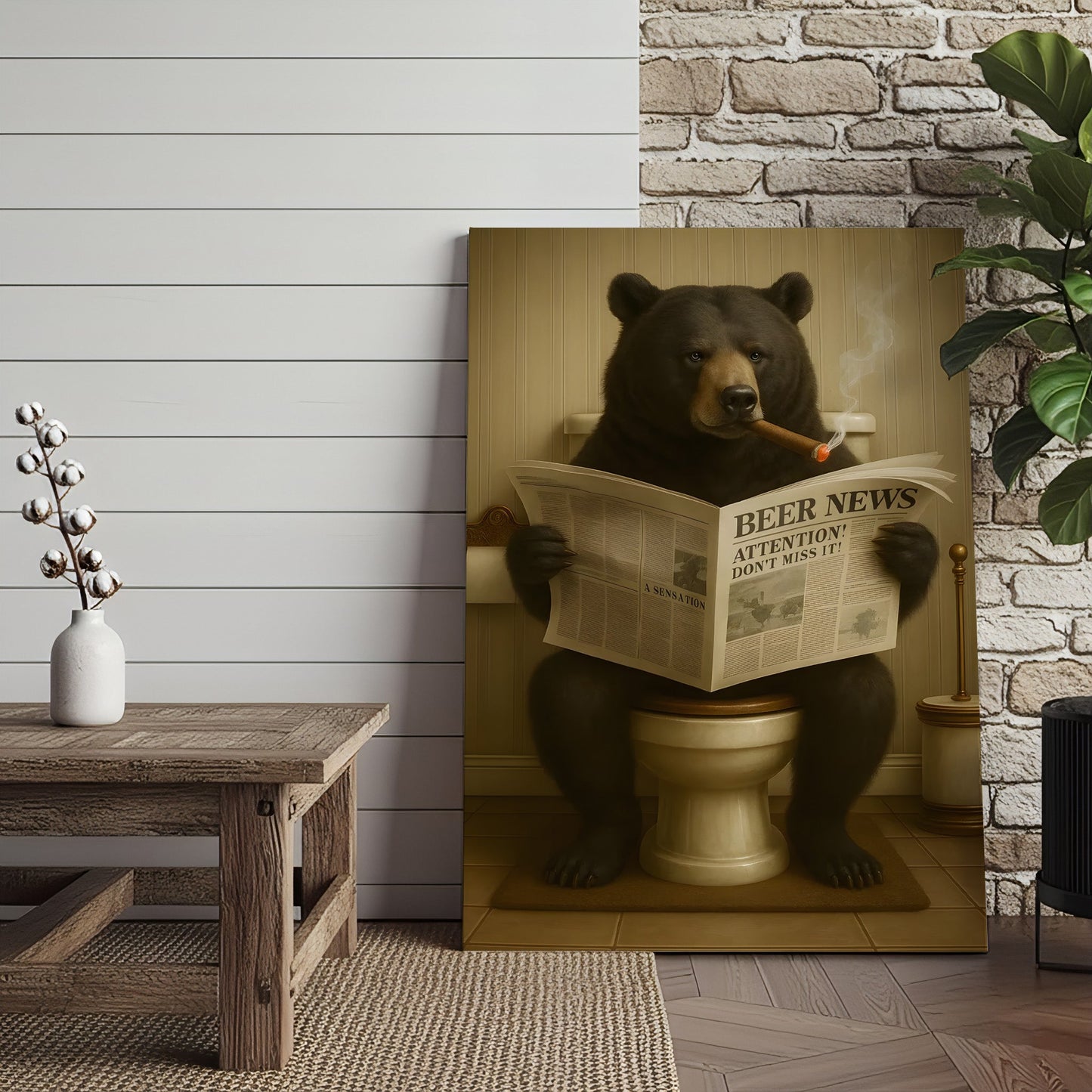 Funny Bear Newspaper Bathroom Canvas Wall Art – Wildlife Animal Poster - Unique Gift for Dad, Hunters & Outdoorsmen