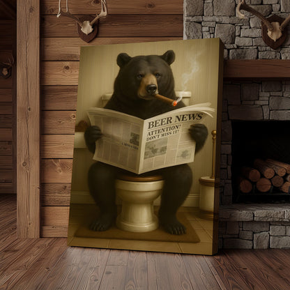 Funny Bear Newspaper Bathroom Canvas Wall Art – Wildlife Animal Poster - Unique Gift for Dad, Hunters & Outdoorsmen