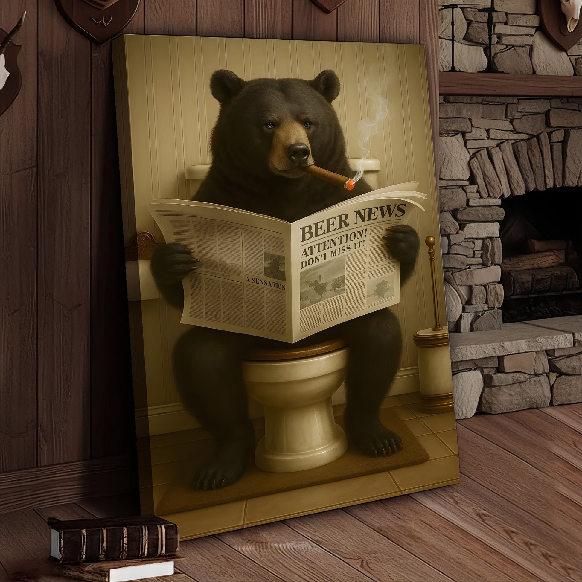 Funny Bear Newspaper Bathroom Canvas Wall Art – Wildlife Animal Poster - Unique Gift for Dad, Hunters & Outdoorsmen