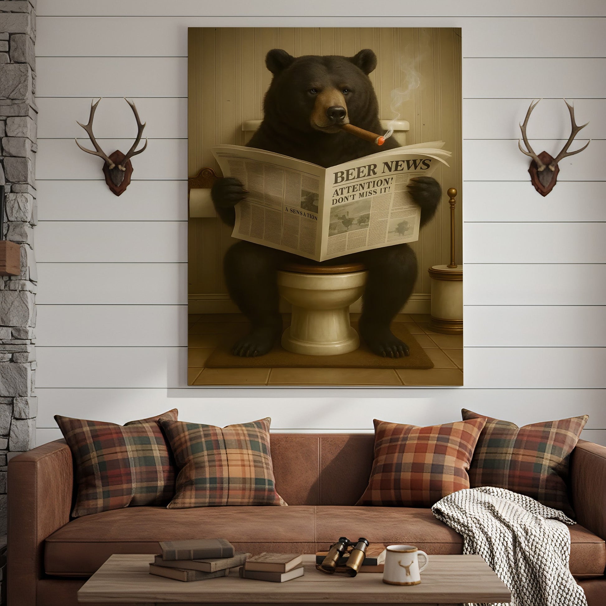 Funny Bear Newspaper Bathroom Canvas Wall Art – Wildlife Animal Poster - Unique Gift for Dad, Hunters & Outdoorsmen