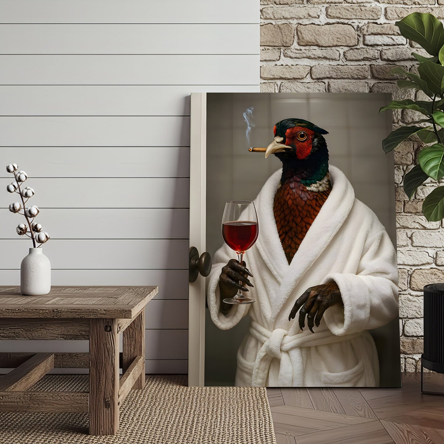 Funny Pheasant Canvas Wall Art – Smoking Bird in Bathrobe with Wine, Vintage Animal Humor Wall Art