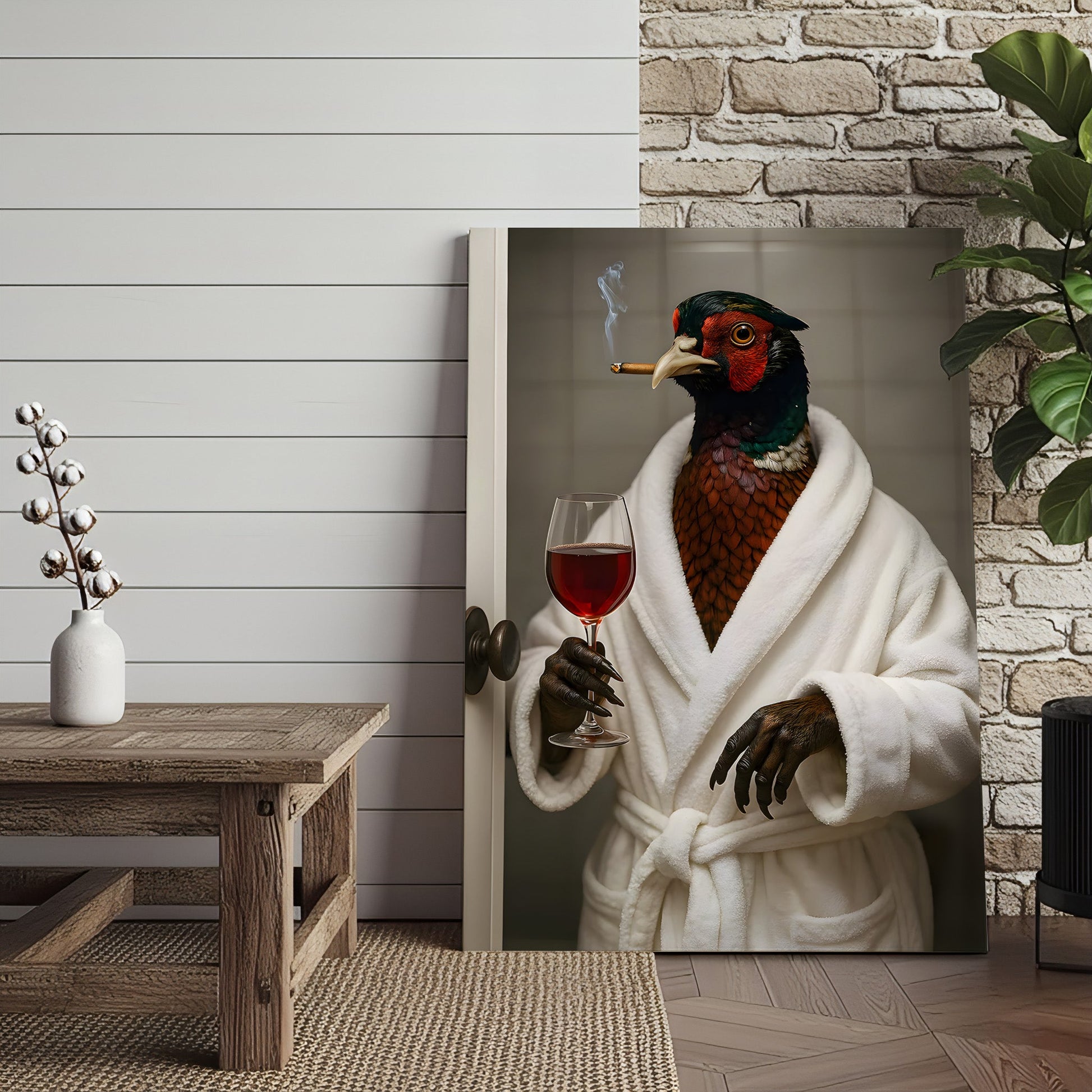 Funny Pheasant Canvas Wall Art – Smoking Bird in Bathrobe with Wine, Vintage Animal Humor Wall Art