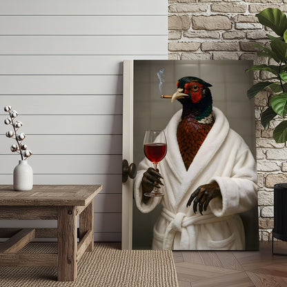 Funny Pheasant Canvas Wall Art – Smoking Bird in Bathrobe with Wine, Vintage Animal Humor Wall Art