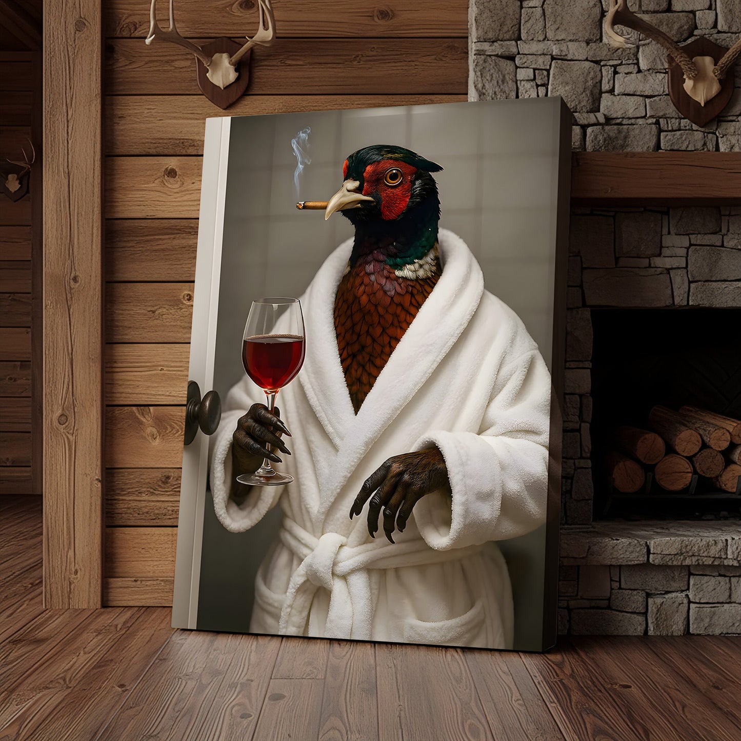 Funny Pheasant Canvas Wall Art – Smoking Bird in Bathrobe with Wine, Vintage Animal Humor Wall Art