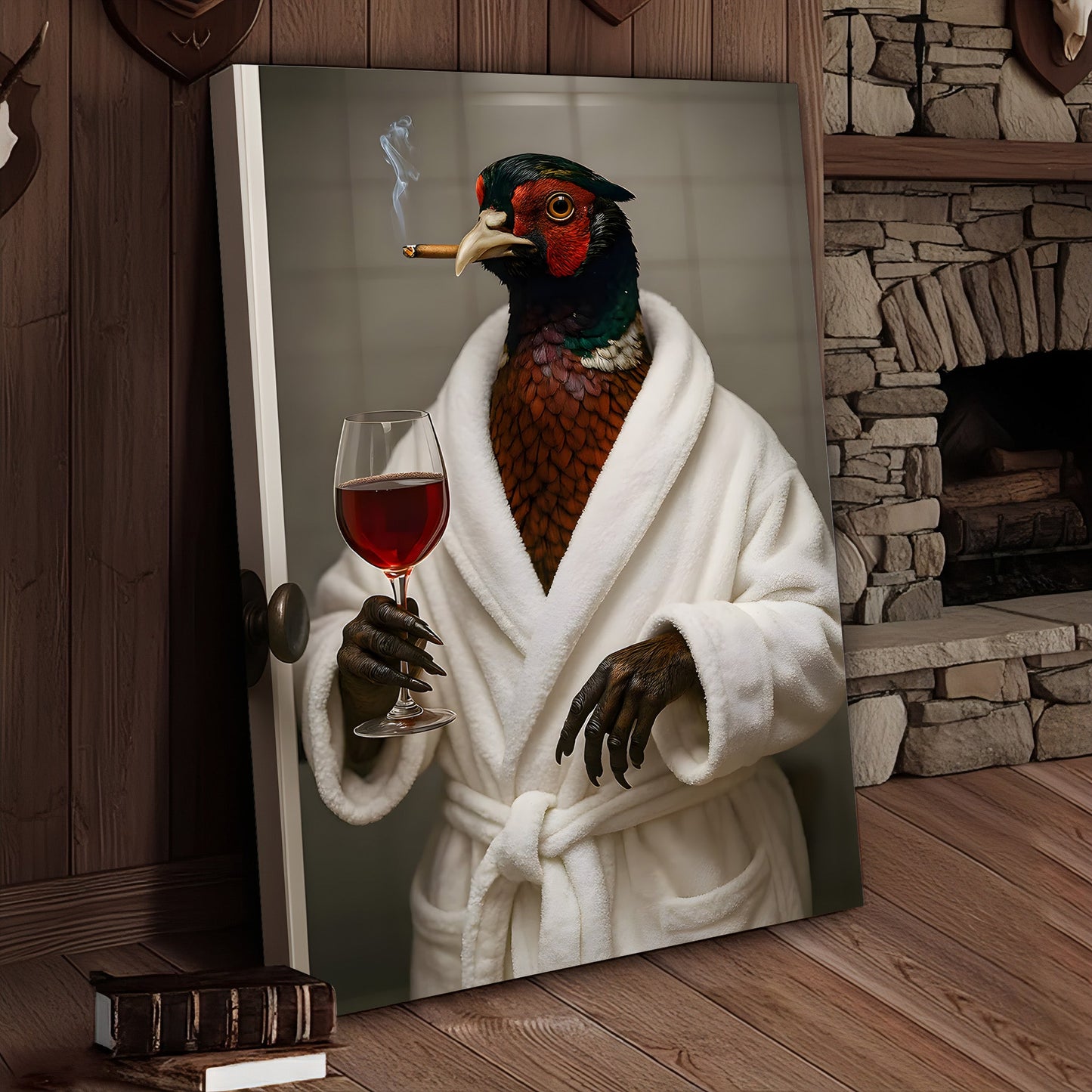 Funny Pheasant Canvas Wall Art – Smoking Bird in Bathrobe with Wine, Vintage Animal Humor Wall Art