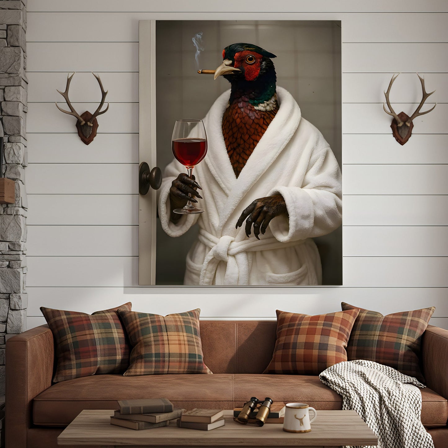 Funny Pheasant Canvas Wall Art – Smoking Bird in Bathrobe with Wine, Vintage Animal Humor Wall Art