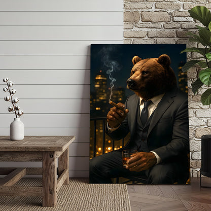 Boss Bear Wall Art – Suited Animal Smoking Canvas, Whiskey Lounge Decor, Alpha Man Gift