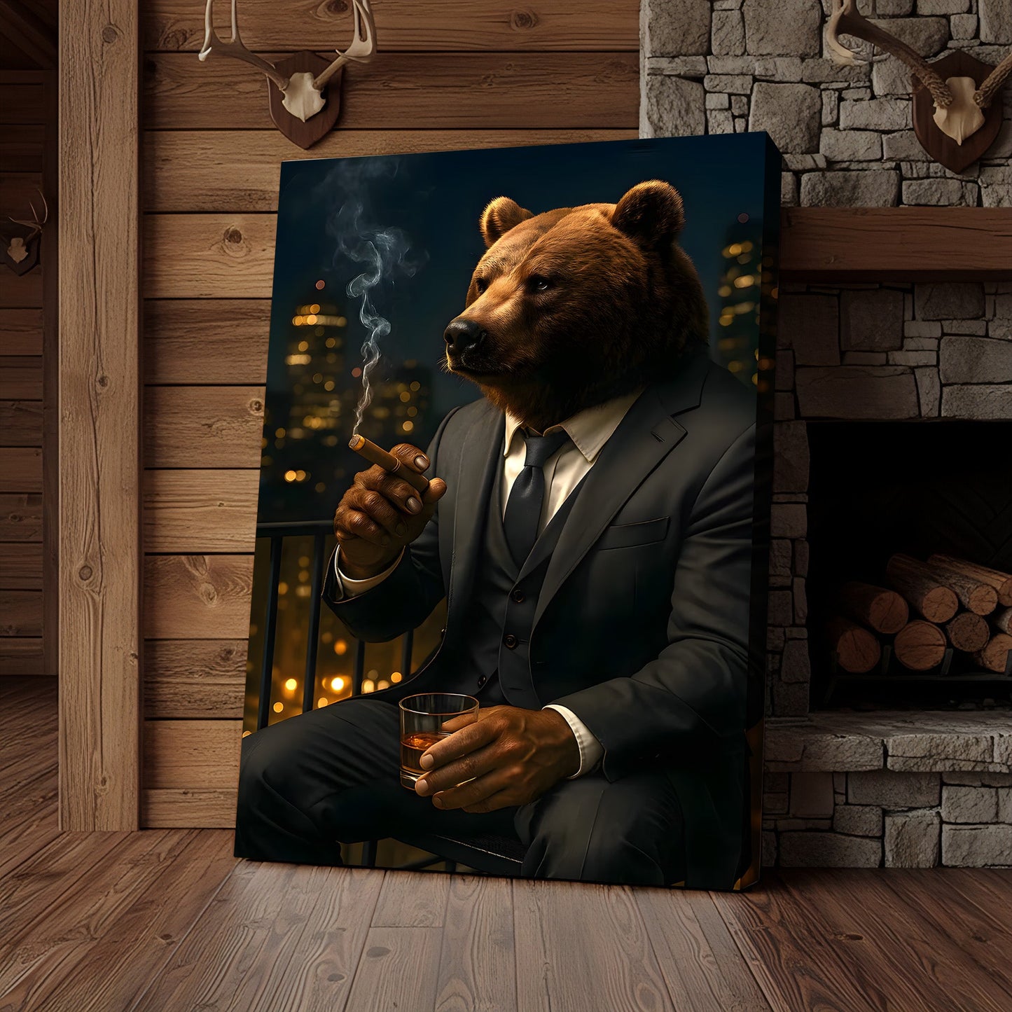 Boss Bear Wall Art – Suited Animal Smoking Canvas, Whiskey Lounge Decor, Alpha Man Gift