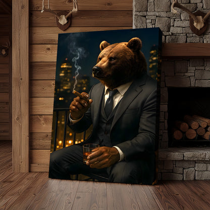 Boss Bear Wall Art – Suited Animal Smoking Canvas, Whiskey Lounge Decor, Alpha Man Gift
