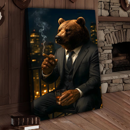 Boss Bear Wall Art – Suited Animal Smoking Canvas, Whiskey Lounge Decor, Alpha Man Gift