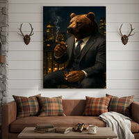 Boss Bear Wall Art – Suited Animal Smoking Canvas, Whiskey Lounge Decor, Alpha Man Gift