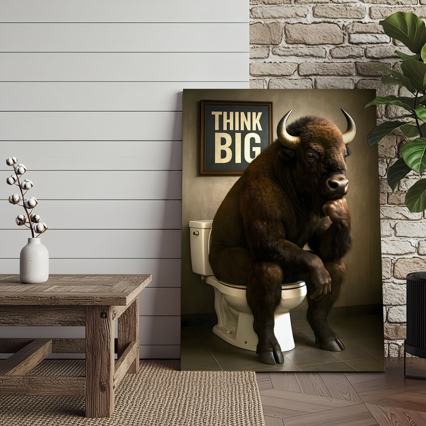 Funny Buffalo Bathroom Wall Art – Think Big Bison Canvas, Rustic Farmhouse Animal Decor