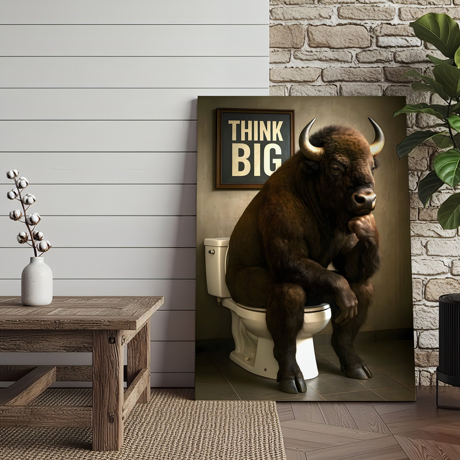 Funny Buffalo Bathroom Wall Art – Think Big Bison Canvas, Rustic Farmhouse Animal Decor