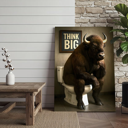 Funny Buffalo Bathroom Wall Art – Think Big Bison Canvas, Rustic Farmhouse Animal Decor