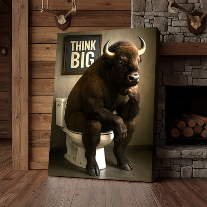 Funny Buffalo Bathroom Wall Art – Think Big Bison Canvas, Rustic Farmhouse Animal Decor