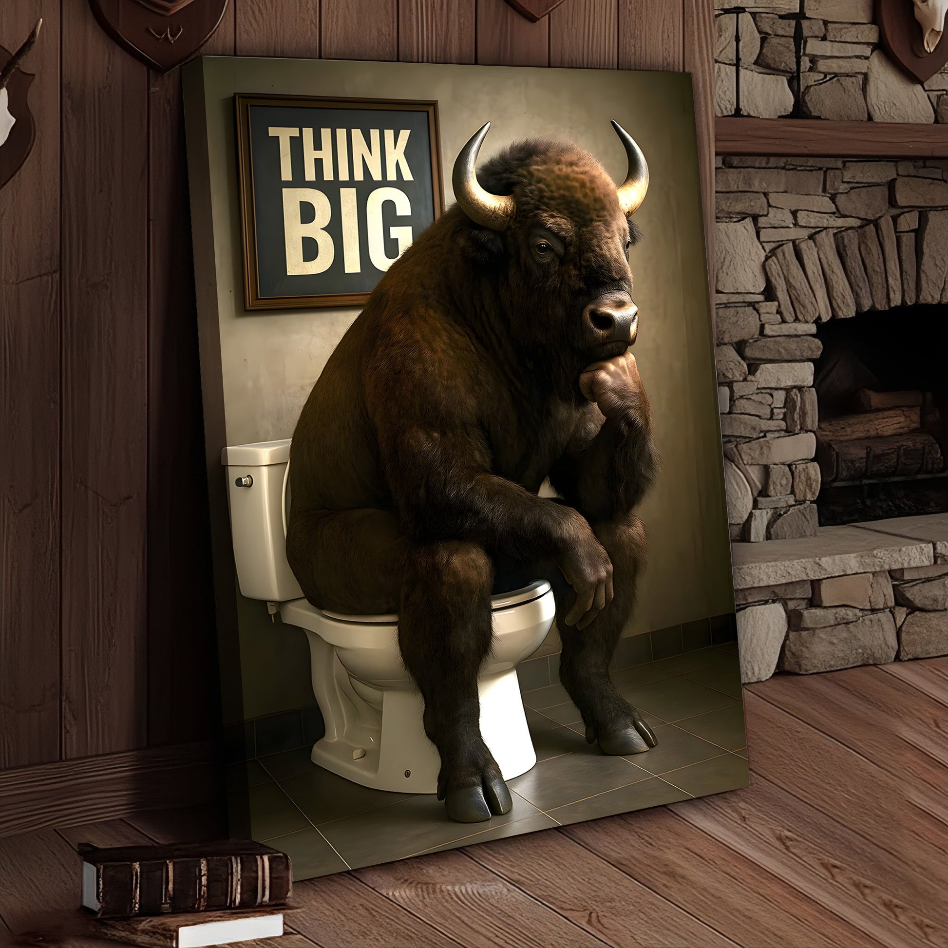 Funny Buffalo Bathroom Wall Art – Think Big Bison Canvas, Rustic Farmhouse Animal Decor