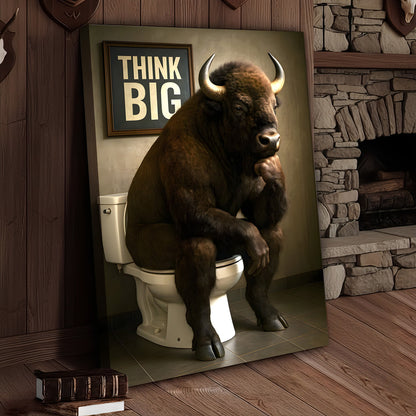Funny Buffalo Bathroom Wall Art – Think Big Bison Canvas, Rustic Farmhouse Animal Decor