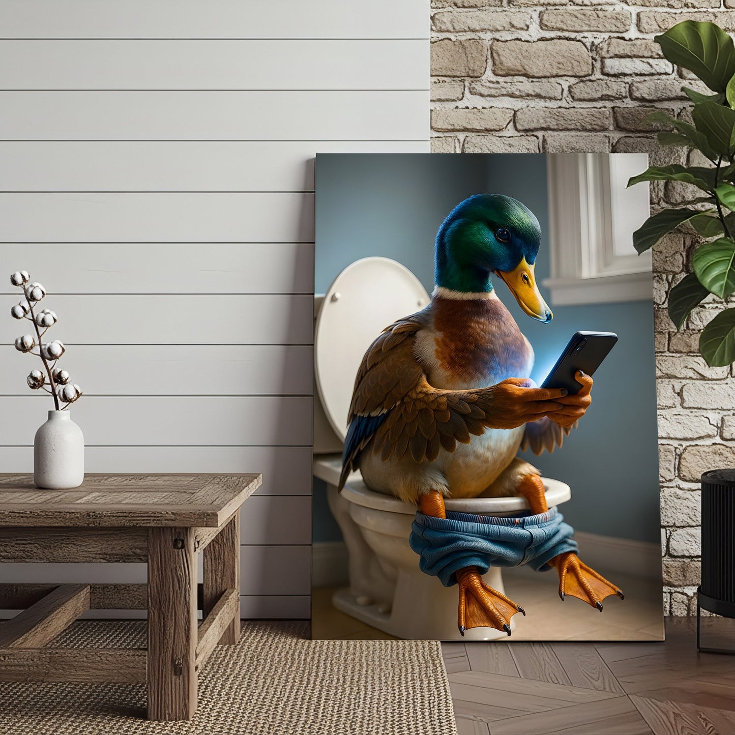 Funny Duck on Toilet Canvas Wall Art – Hilarious Gift for Men, Husband or Bathroom Decor