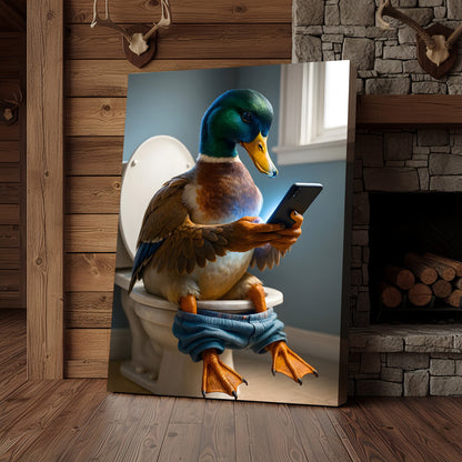 Funny Duck on Toilet Canvas Wall Art – Hilarious Gift for Men, Husband or Bathroom Decor