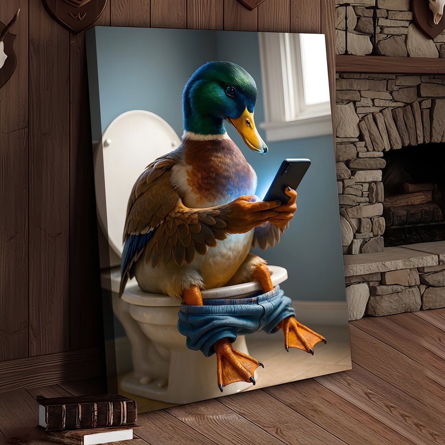 Funny Duck on Toilet Canvas Wall Art – Hilarious Gift for Men, Husband or Bathroom Decor