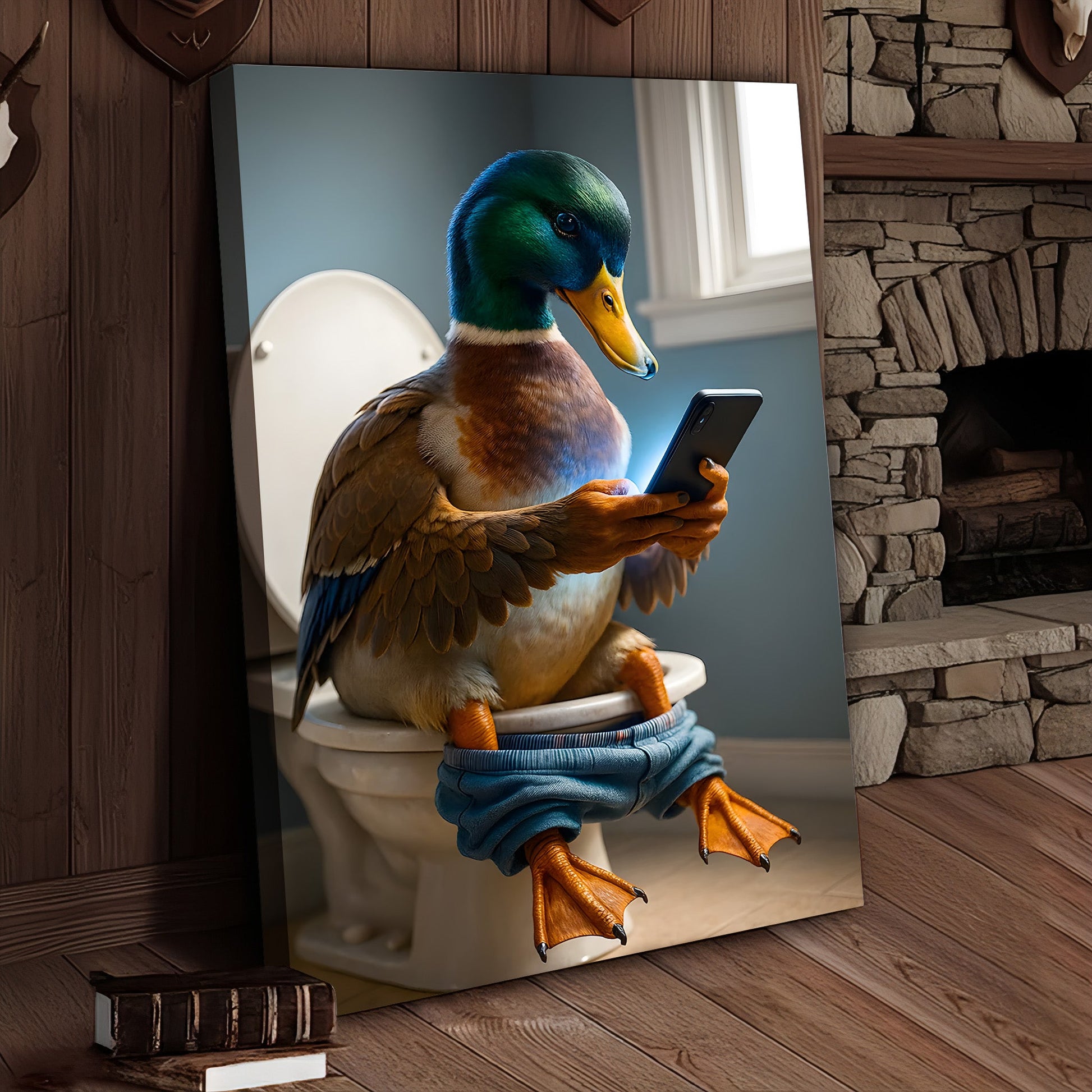 Funny Duck on Toilet Canvas Wall Art – Hilarious Gift for Men, Husband or Bathroom Decor