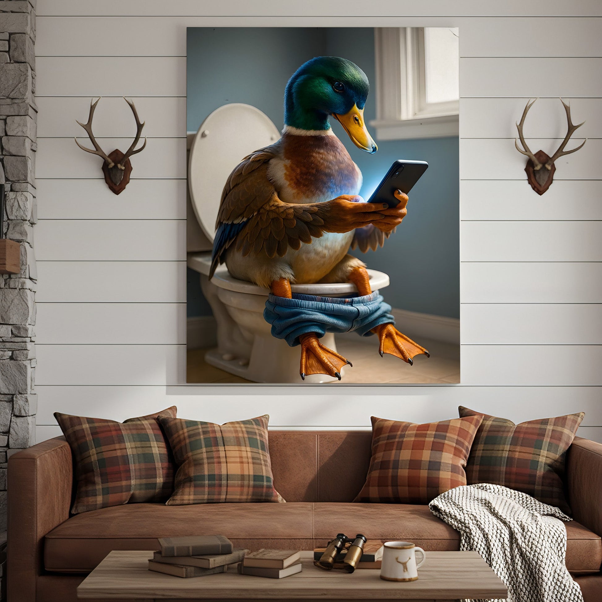 Funny Duck on Toilet Canvas Wall Art – Hilarious Gift for Men, Husband or Bathroom Decor