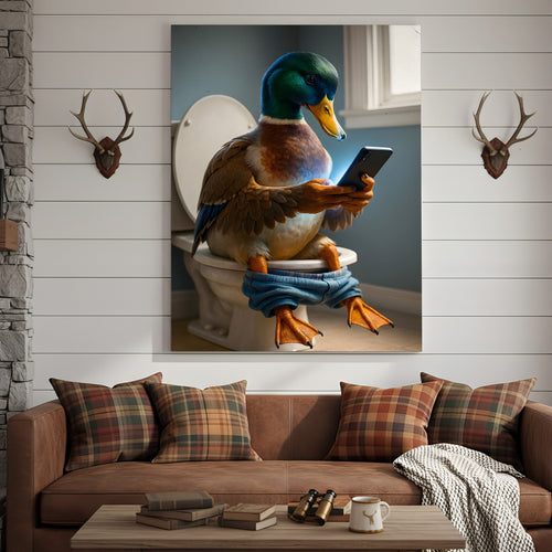Funny Duck on Toilet Canvas Wall Art – Hilarious Gift for Men, Husband or Bathroom Decor