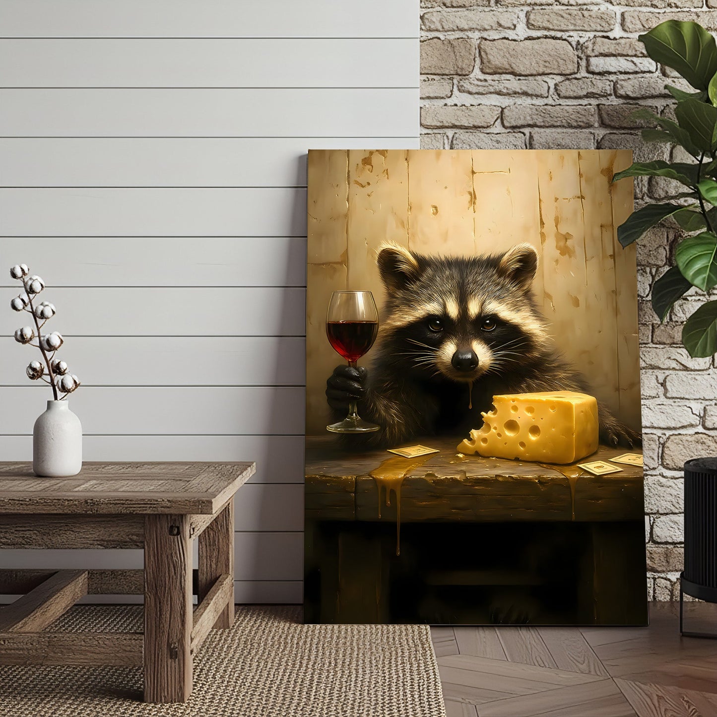 Raccoon with Wine and Cheese Canvas – Funny Bar Wall Art, Gentleman Gift for Men