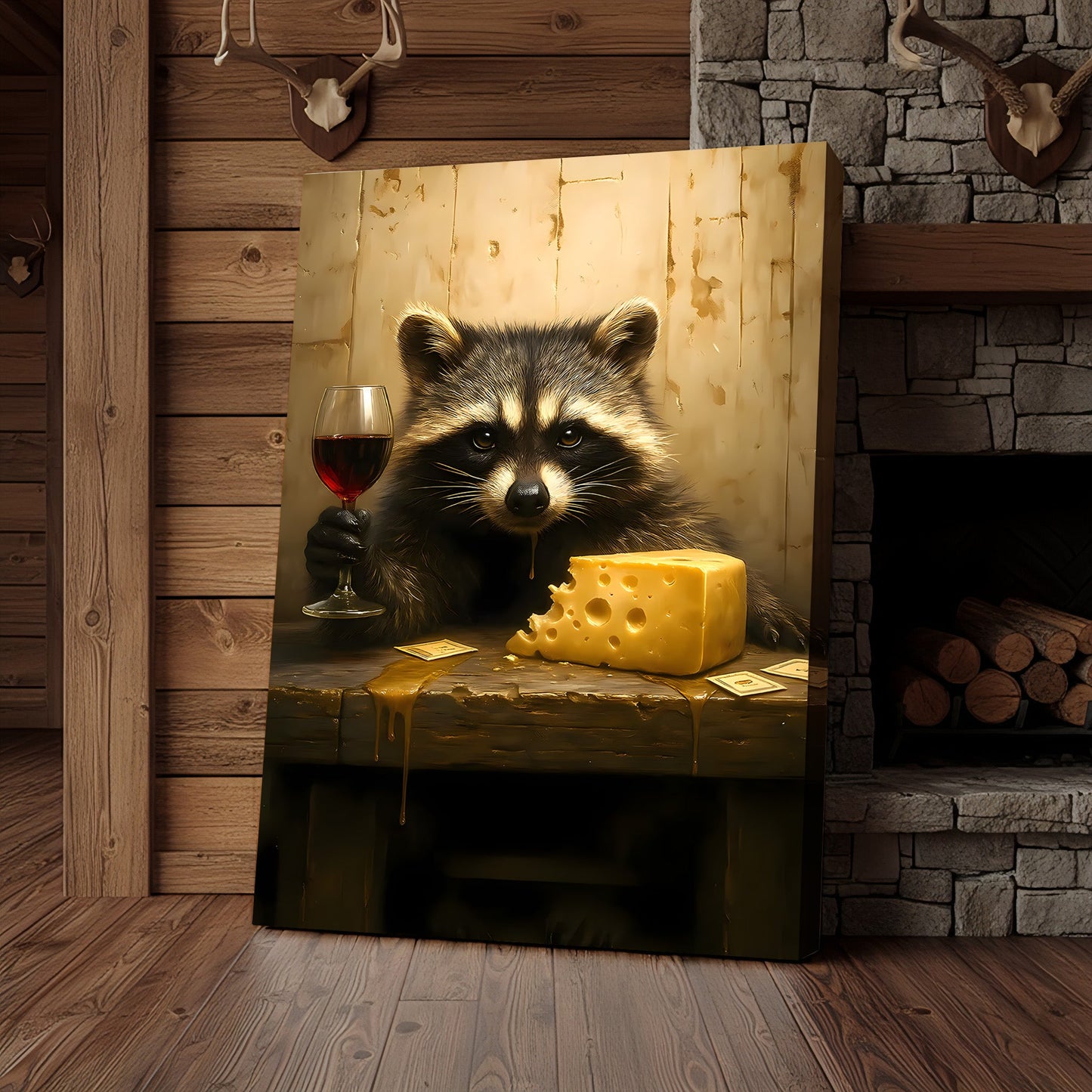 Raccoon with Wine and Cheese Canvas – Funny Bar Wall Art, Gentleman Gift for Men