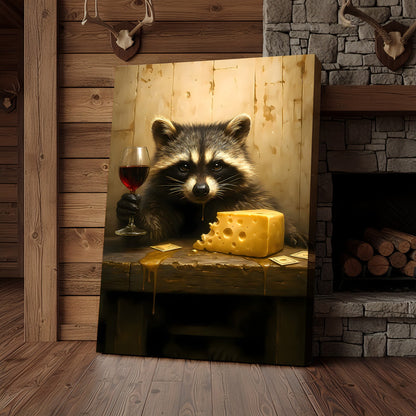 Raccoon with Wine and Cheese Canvas – Funny Bar Wall Art, Gentleman Gift for Men