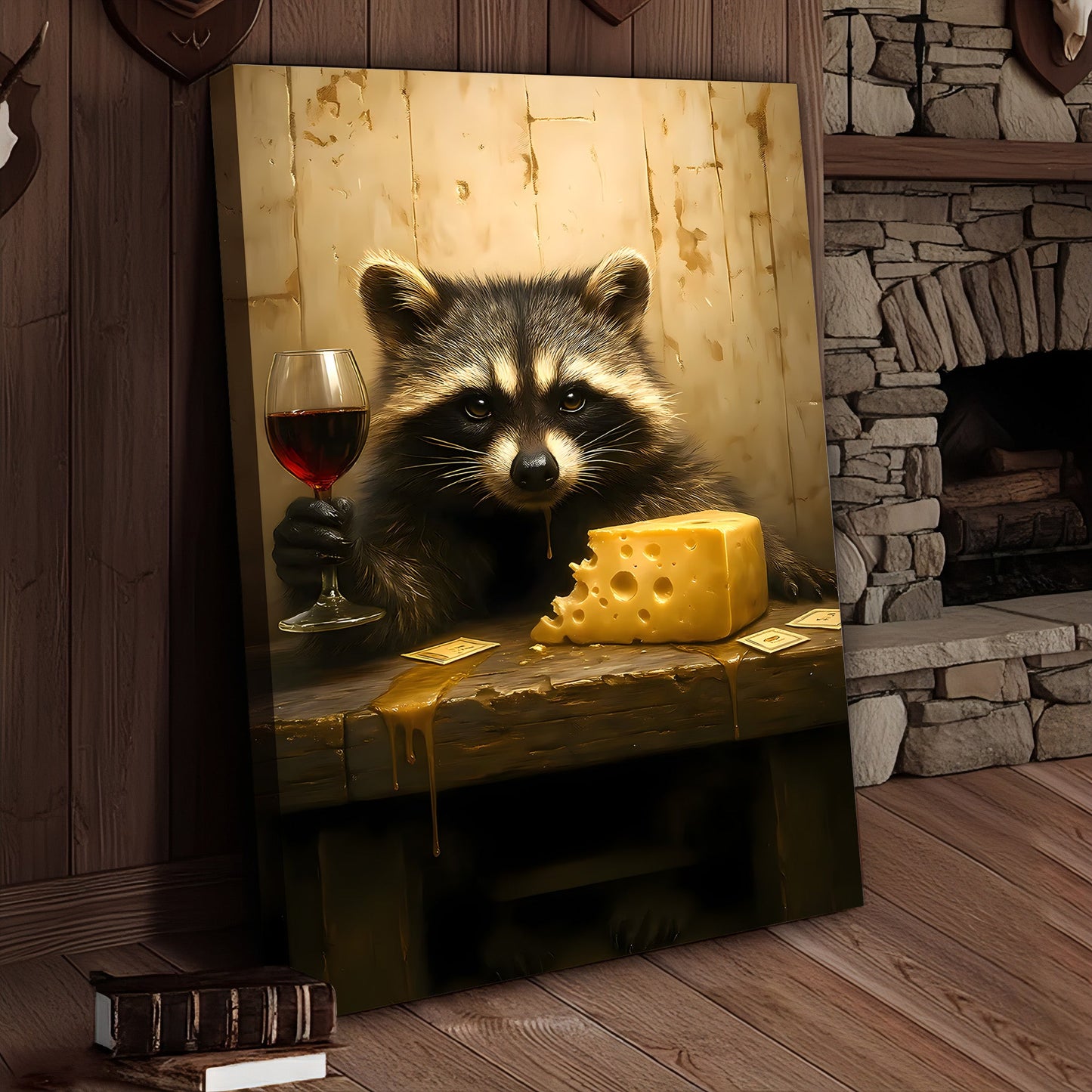 Raccoon with Wine and Cheese Canvas – Funny Bar Wall Art, Gentleman Gift for Men