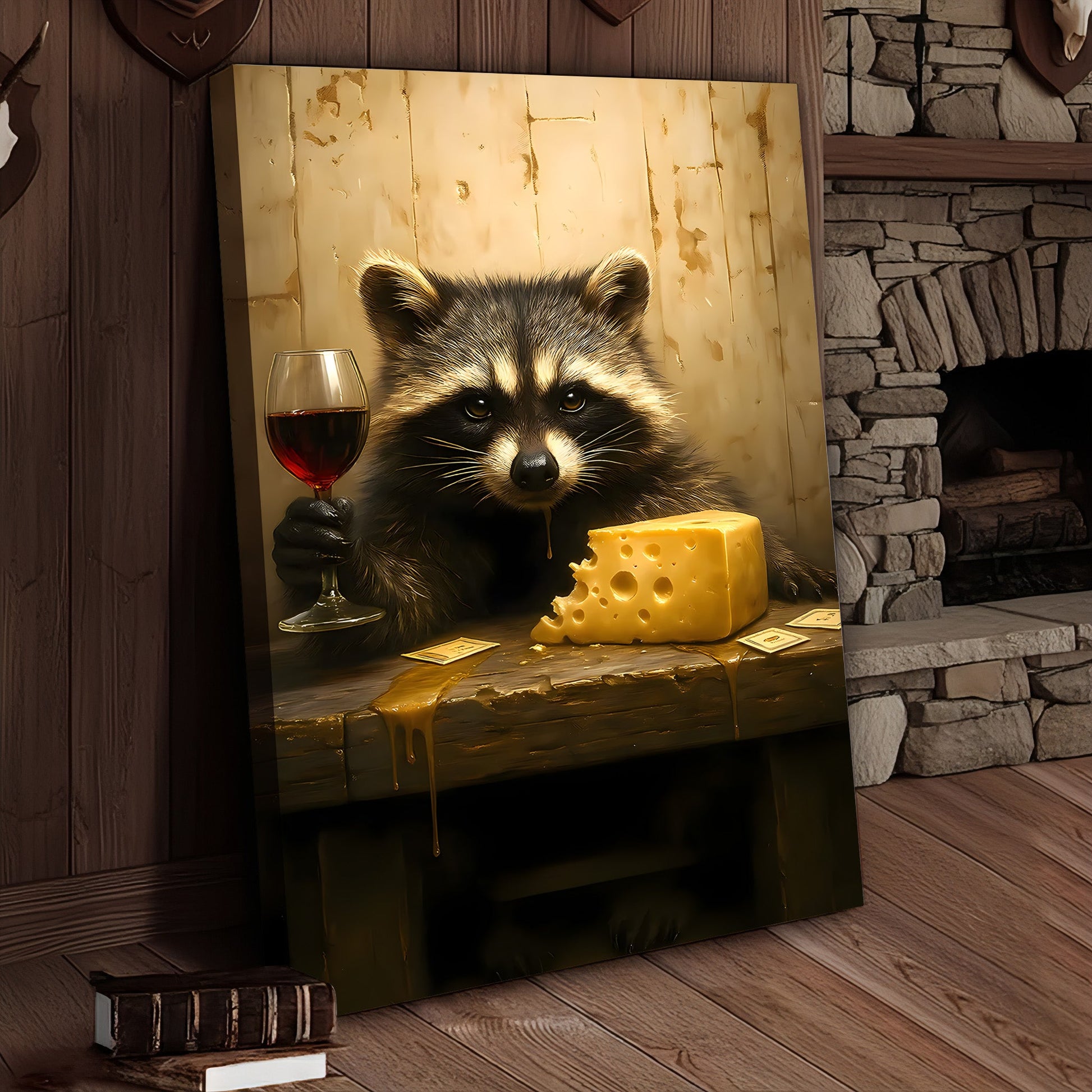 Raccoon with Wine and Cheese Canvas – Funny Bar Wall Art, Gentleman Gift for Men